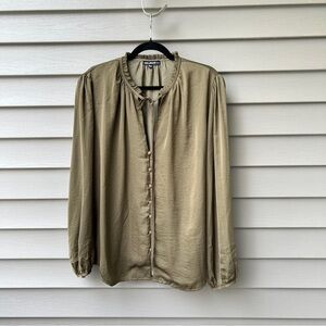 Fika The Brand Top Blouse Olive Green Button Up Tie Front Women's Size M